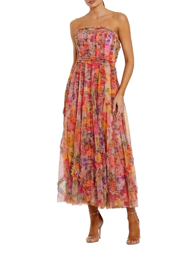 Women's Floral Mesh Ruffled Strapless Gown Women's Floral Mesh Ruffled Strapless Gown