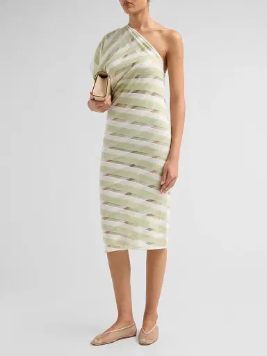Stella McCartney Women's EXCLUSIVE. One-Shoulder Layered Sheer Striped Knit Midi Dress | Thumbnail 4 Stella McCartney Women's EXCLUSIVE. One-Shoulder Layered Sheer Striped Knit Midi Dress | Thumbnail 4