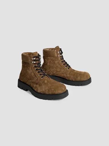 Bottega Veneta Men's Haddock Suede Intrecciato Lace-Up Boots | Thumbnail 2 Bottega Veneta Men's Haddock Suede Intrecciato Lace-Up Boots | Thumbnail 2