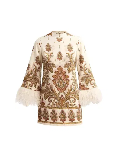 Cara Cara Women's Vida Paisley Feather Cuff Shift Mini Dress | Thumbnail 1 Cara Cara Women's Vida Paisley Feather Cuff Shift Mini Dress | Thumbnail 1