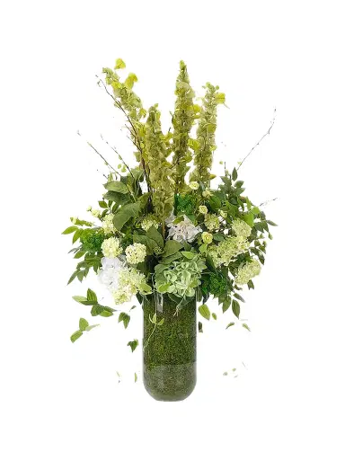 NDI Hydrangeas & Bells of Ireland Faux Floral Arrangement in Moss Glass Vase | Thumbnail 1 NDI Hydrangeas & Bells of Ireland Faux Floral Arrangement in Moss Glass Vase | Thumbnail 1