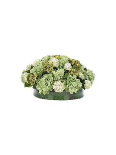 NDI Snowball Hydrangeas Faux Floral Arrangement in Moss Glass Vase | Thumbnail 1 NDI Snowball Hydrangeas Faux Floral Arrangement in Moss Glass Vase | Thumbnail 1