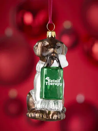 Joy To The World Retail Therapy Bag Chocolate Lab Glass Ornament | Thumbnail 1 Joy To The World Retail Therapy Bag Chocolate Lab Glass Ornament | Thumbnail 1
