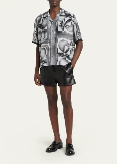 Versace Men's Silk Abstract La Greca-Trim Camp Shirt | Thumbnail 2 Versace Men's Silk Abstract La Greca-Trim Camp Shirt | Thumbnail 2