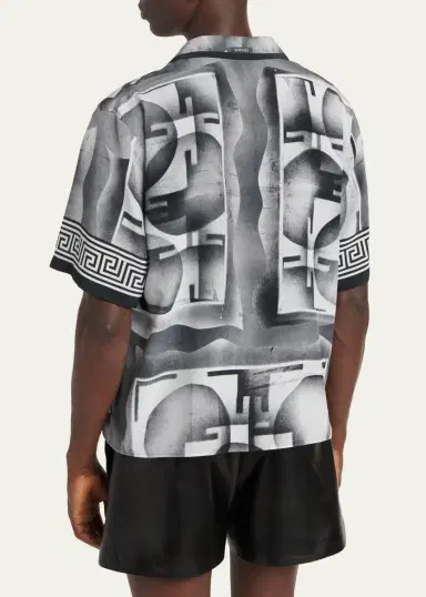 Versace Men's Silk Abstract La Greca-Trim Camp Shirt | Thumbnail 3 Versace Men's Silk Abstract La Greca-Trim Camp Shirt | Thumbnail 3