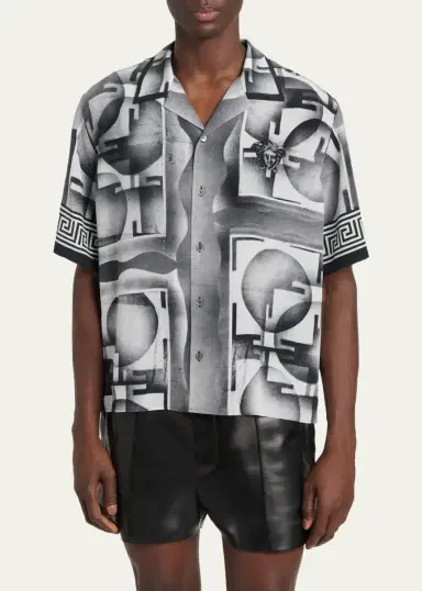 Versace Men's Silk Abstract La Greca-Trim Camp Shirt | Thumbnail 4 Versace Men's Silk Abstract La Greca-Trim Camp Shirt | Thumbnail 4