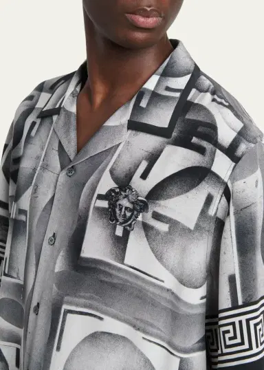 Versace Men's Silk Abstract La Greca-Trim Camp Shirt | Thumbnail 5 Versace Men's Silk Abstract La Greca-Trim Camp Shirt | Thumbnail 5