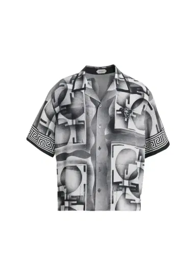 Versace Men's Silk Abstract La Greca-Trim Camp Shirt | Thumbnail 1 Versace Men's Silk Abstract La Greca-Trim Camp Shirt | Thumbnail 1