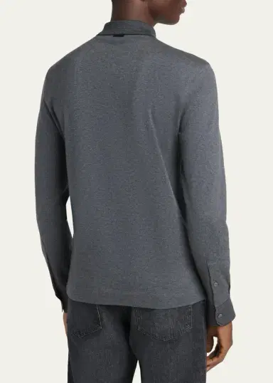 Zegna Men's Cotton Pique Long-Sleeve Polo Shirt | Thumbnail 3 Zegna Men's Cotton Pique Long-Sleeve Polo Shirt | Thumbnail 3