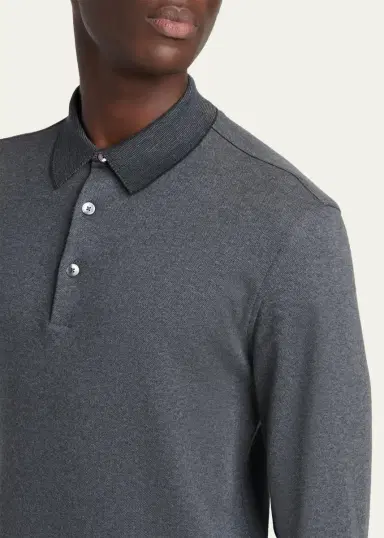 Zegna Men's Cotton Pique Long-Sleeve Polo Shirt | Thumbnail 5 Zegna Men's Cotton Pique Long-Sleeve Polo Shirt | Thumbnail 5