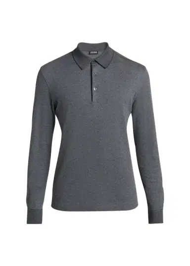Zegna Men's Cotton Pique Long-Sleeve Polo Shirt | Thumbnail 1 Zegna Men's Cotton Pique Long-Sleeve Polo Shirt | Thumbnail 1
