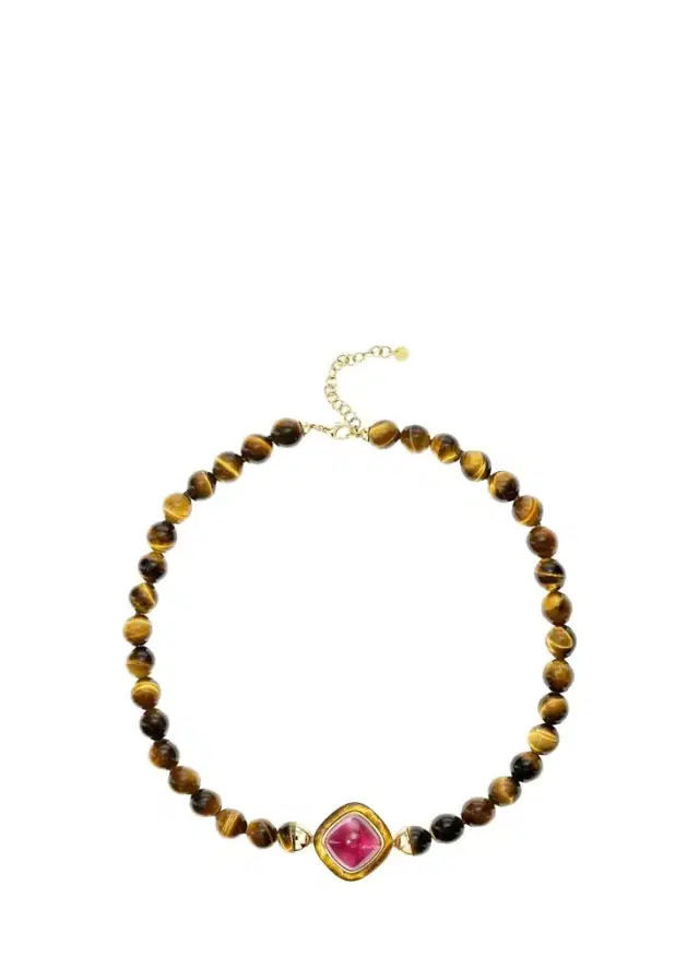 18K Yellow Gold, Rubellite Cabochon & Tiger's Eye Beaded Necklace 18K Yellow Gold, Rubellite Cabochon & Tiger's Eye Beaded Necklace