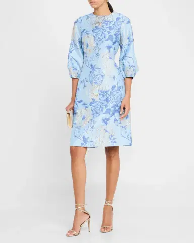 Rickie Freeman for Teri Jon Puff-Sleeve Metallic Floral Jacquard Dress | Thumbnail 4 Rickie Freeman for Teri Jon Puff-Sleeve Metallic Floral Jacquard Dress | Thumbnail 4