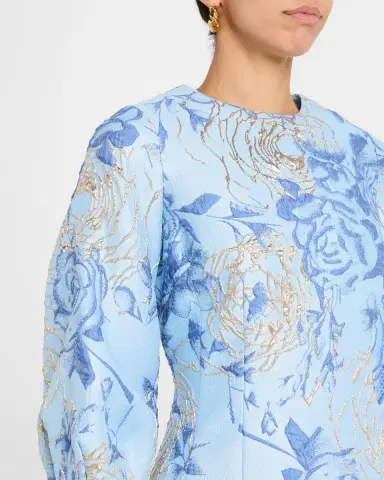 Rickie Freeman for Teri Jon Puff-Sleeve Metallic Floral Jacquard Dress | Thumbnail 5 Rickie Freeman for Teri Jon Puff-Sleeve Metallic Floral Jacquard Dress | Thumbnail 5