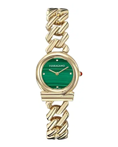 Ferragamo Gancini Twisted Chain IP Yellow Gold Green Malachite Dial Watch/28MM | Thumbnail 1 Ferragamo Gancini Twisted Chain IP Yellow Gold Green Malachite Dial Watch/28MM | Thumbnail 1