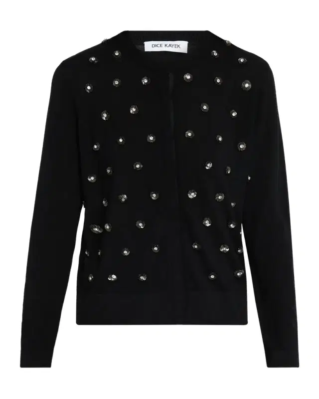 Flower Embellished Wool Crewneck Cardigan Flower Embellished Wool Crewneck Cardigan