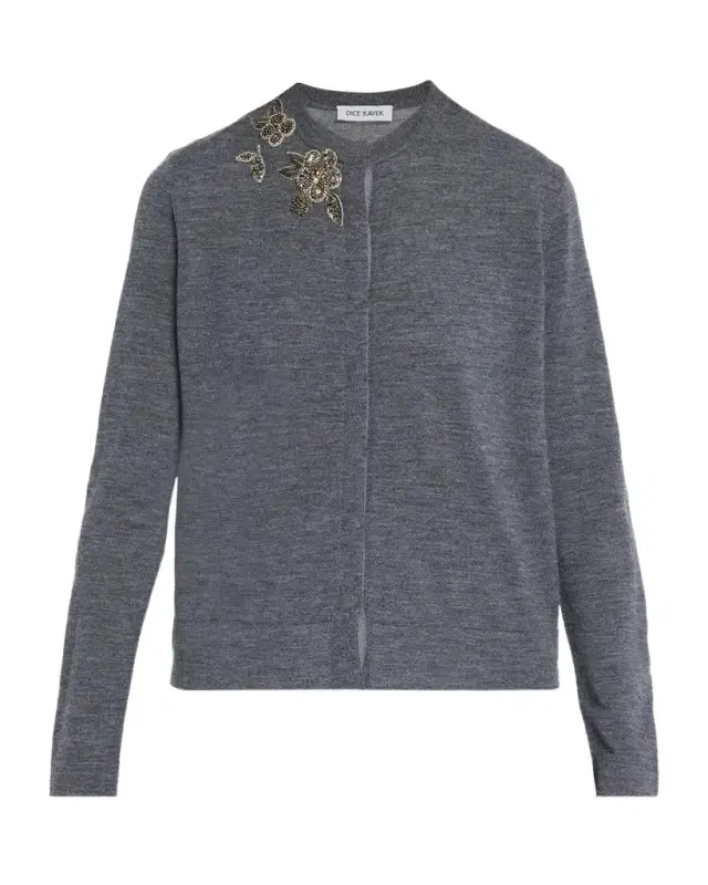 Floral Embellished Wool Crewneck Cardigan Floral Embellished Wool Crewneck Cardigan