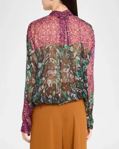 Dries Van Noten Patchwork-Print Silk Plisse Neck-Scarf Bubble Blouse | Thumbnail 3 Dries Van Noten Patchwork-Print Silk Plisse Neck-Scarf Bubble Blouse | Thumbnail 3