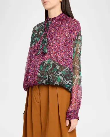 Dries Van Noten Patchwork-Print Silk Plisse Neck-Scarf Bubble Blouse | Thumbnail 4 Dries Van Noten Patchwork-Print Silk Plisse Neck-Scarf Bubble Blouse | Thumbnail 4