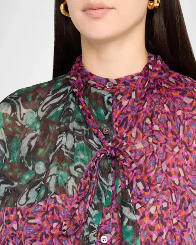 Dries Van Noten Patchwork-Print Silk Plisse Neck-Scarf Bubble Blouse | Thumbnail 5 Dries Van Noten Patchwork-Print Silk Plisse Neck-Scarf Bubble Blouse | Thumbnail 5