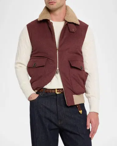 Brunello Cucinelli Men's Shearling-Collar Wool Down Padded Vest | Thumbnail 4 Brunello Cucinelli Men's Shearling-Collar Wool Down Padded Vest | Thumbnail 4