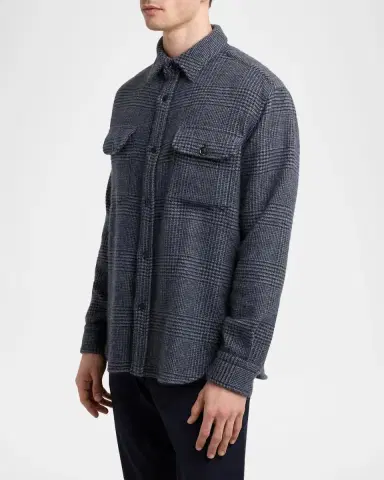 Brioni Men's Vagabond Cashmere Plaid Overshirt | Thumbnail 4 Brioni Men's Vagabond Cashmere Plaid Overshirt | Thumbnail 4