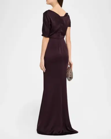 Kiton Asymmetric Draped Satin Short-Sleeve Trumpet Gown | Thumbnail 3 Kiton Asymmetric Draped Satin Short-Sleeve Trumpet Gown | Thumbnail 3