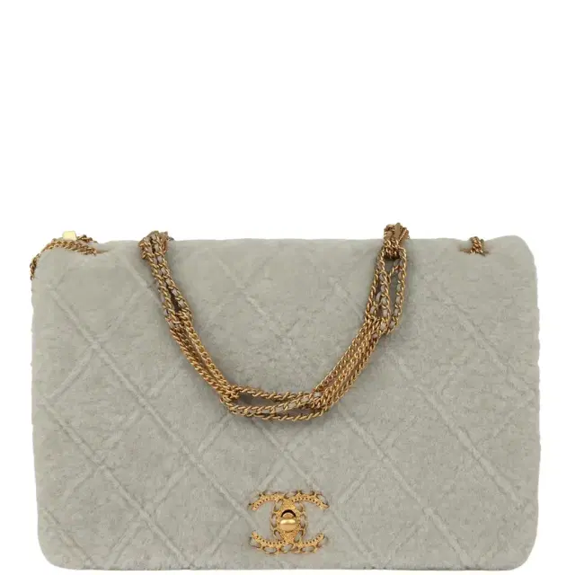 Chanel Medium Flap Bag Grey Shearling Antique Gold Hardware Chanel Medium Flap Bag Grey Shearling Antique Gold Hardware