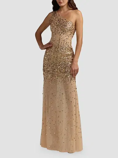 Mac Duggal Women's Beaded Mesh One-Shoulder Fitted Gown | Thumbnail 2 Mac Duggal Women's Beaded Mesh One-Shoulder Fitted Gown | Thumbnail 2