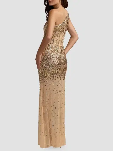 Mac Duggal Women's Beaded Mesh One-Shoulder Fitted Gown | Thumbnail 3 Mac Duggal Women's Beaded Mesh One-Shoulder Fitted Gown | Thumbnail 3