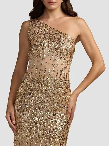 Mac Duggal Women's Beaded Mesh One-Shoulder Fitted Gown | Thumbnail 4 Mac Duggal Women's Beaded Mesh One-Shoulder Fitted Gown | Thumbnail 4