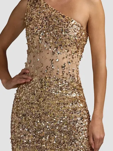 Mac Duggal Women's Beaded Mesh One-Shoulder Fitted Gown | Thumbnail 5 Mac Duggal Women's Beaded Mesh One-Shoulder Fitted Gown | Thumbnail 5