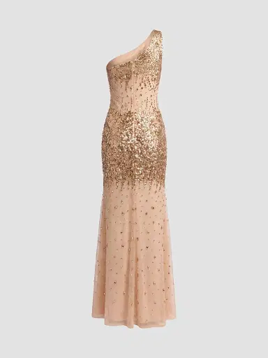 Mac Duggal Women's Beaded Mesh One-Shoulder Fitted Gown | Thumbnail 6 Mac Duggal Women's Beaded Mesh One-Shoulder Fitted Gown | Thumbnail 6