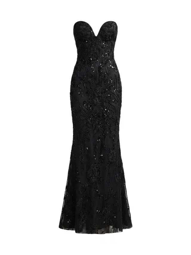Women's Floral Embellished Mesh Strapless Column Gown Women's Floral Embellished Mesh Strapless Column Gown