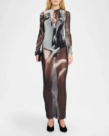Jean Paul Gaultier The Smoking Woman Print Mesh Long-Sleeve Maxi Dress | Thumbnail 2 Jean Paul Gaultier The Smoking Woman Print Mesh Long-Sleeve Maxi Dress | Thumbnail 2