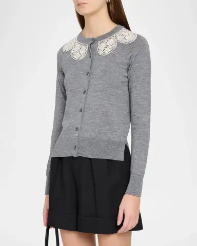 Simone Rocha Embellished Classic Merino Wool-Silk Crewneck Cardigan | Thumbnail 4 Simone Rocha Embellished Classic Merino Wool-Silk Crewneck Cardigan | Thumbnail 4