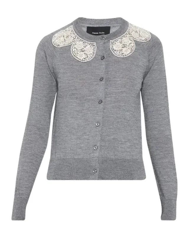 Embellished Classic Merino Wool-Silk Crewneck Cardigan Embellished Classic Merino Wool-Silk Crewneck Cardigan