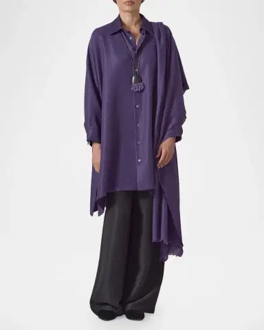 Eskandar Wide A-Line Shirt With Collar - Very Long Length With Slits | Thumbnail 2 Eskandar Wide A-Line Shirt With Collar - Very Long Length With Slits | Thumbnail 2