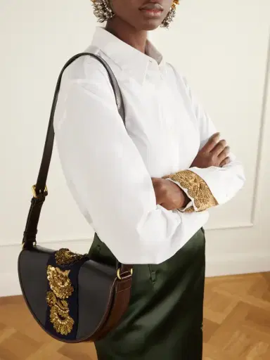 Dries Van Noten Embellished Fabric-trimmed Leather Shoulder Bag | Thumbnail 2 Dries Van Noten Embellished Fabric-trimmed Leather Shoulder Bag | Thumbnail 2