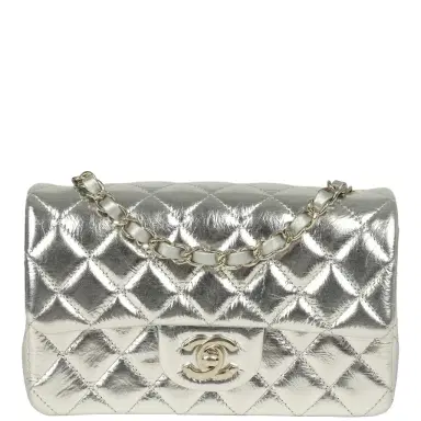 Chanel Chanel Mini Classic Rectangular Flap Bag Silver Metallic Crumpled Calfskin Light Gold Hardware | Thumbnail 1 Chanel Chanel Mini Classic Rectangular Flap Bag Silver Metallic Crumpled Calfskin Light Gold Hardware | Thumbnail 1