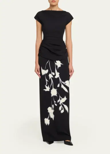 Lela Rose Floral Crepe Boat-Neck Draped Column Gown | Thumbnail 2 Lela Rose Floral Crepe Boat-Neck Draped Column Gown | Thumbnail 2