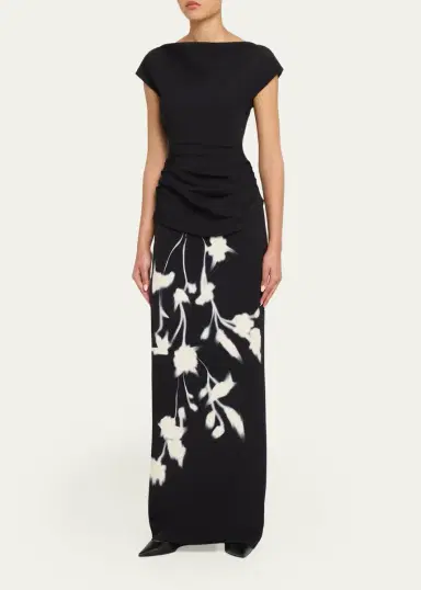Lela Rose Floral Crepe Boat-Neck Draped Column Gown | Thumbnail 4 Lela Rose Floral Crepe Boat-Neck Draped Column Gown | Thumbnail 4
