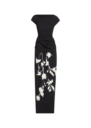 Lela Rose Floral Crepe Boat-Neck Draped Column Gown | Thumbnail 1 Lela Rose Floral Crepe Boat-Neck Draped Column Gown | Thumbnail 1