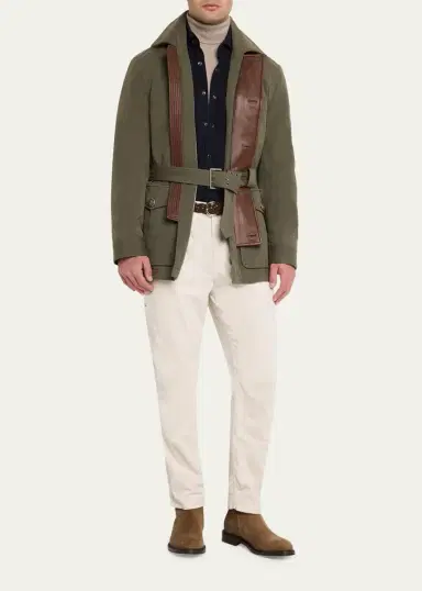Brunello Cucinelli Men's Waxed Cotton Belted Safari Jacket | Thumbnail 2 Brunello Cucinelli Men's Waxed Cotton Belted Safari Jacket | Thumbnail 2