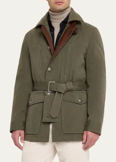 Brunello Cucinelli Men's Waxed Cotton Belted Safari Jacket | Thumbnail 4 Brunello Cucinelli Men's Waxed Cotton Belted Safari Jacket | Thumbnail 4