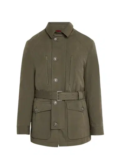 Brunello Cucinelli Men's Waxed Cotton Belted Safari Jacket | Thumbnail 1 Brunello Cucinelli Men's Waxed Cotton Belted Safari Jacket | Thumbnail 1