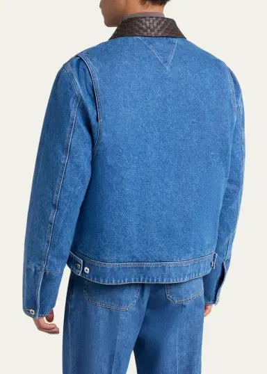 Bottega Veneta Men's Leather Intrecciato-Collar Denim Jacket | Thumbnail 3 Bottega Veneta Men's Leather Intrecciato-Collar Denim Jacket | Thumbnail 3