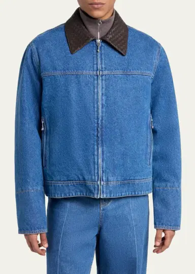 Bottega Veneta Men's Leather Intrecciato-Collar Denim Jacket | Thumbnail 4 Bottega Veneta Men's Leather Intrecciato-Collar Denim Jacket | Thumbnail 4