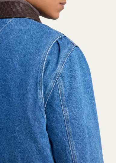 Bottega Veneta Men's Leather Intrecciato-Collar Denim Jacket | Thumbnail 5 Bottega Veneta Men's Leather Intrecciato-Collar Denim Jacket | Thumbnail 5