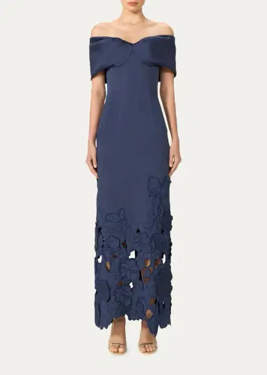 Costarellos Norelle Satin Off-The-Shoulder Floral-Cut Column Gown | Thumbnail 2 Costarellos Norelle Satin Off-The-Shoulder Floral-Cut Column Gown | Thumbnail 2